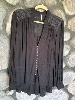 Free People Black Button-Front Embroidered Yoke Blouse